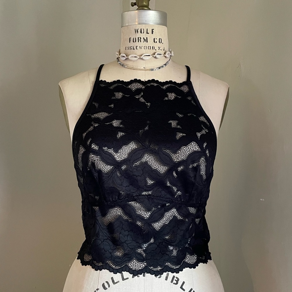 H&M black sheer lace top - M